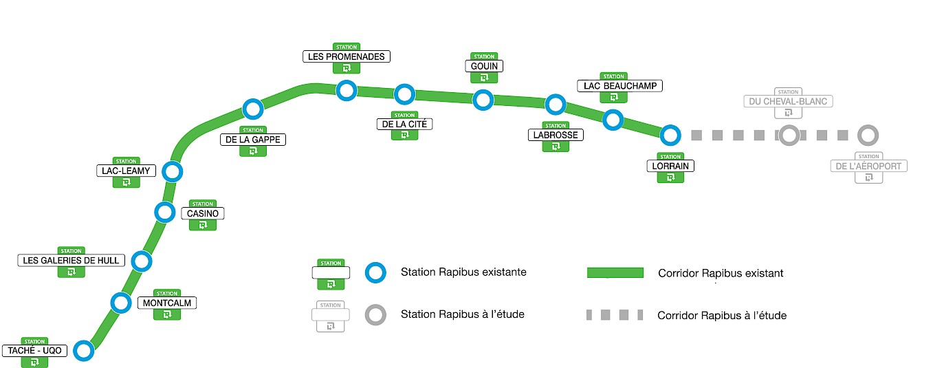 Schéma du corridor Rapibus avec les 12 stations jusqu'à Lorrain et la projection jusqu'au boulevard de l'Aéroport